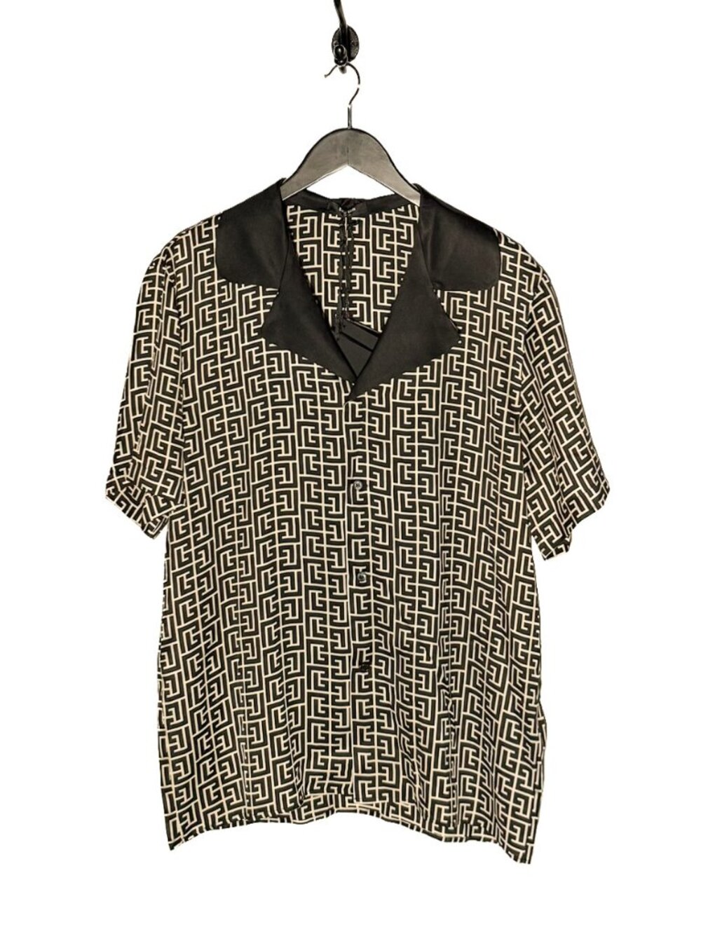 Balmain Black Ivory Monogram Labyrinth Jacquard Camp Short Sleeves Buttoned Shir